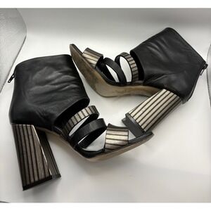 Giampaolo‎ Viozzi Black Leather Metallic Striped Cage Block Heel Sandals EU 37